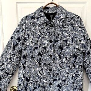 Jones New York Quilted Navy White Paisley Button Up Jacket Women's Sz XL
